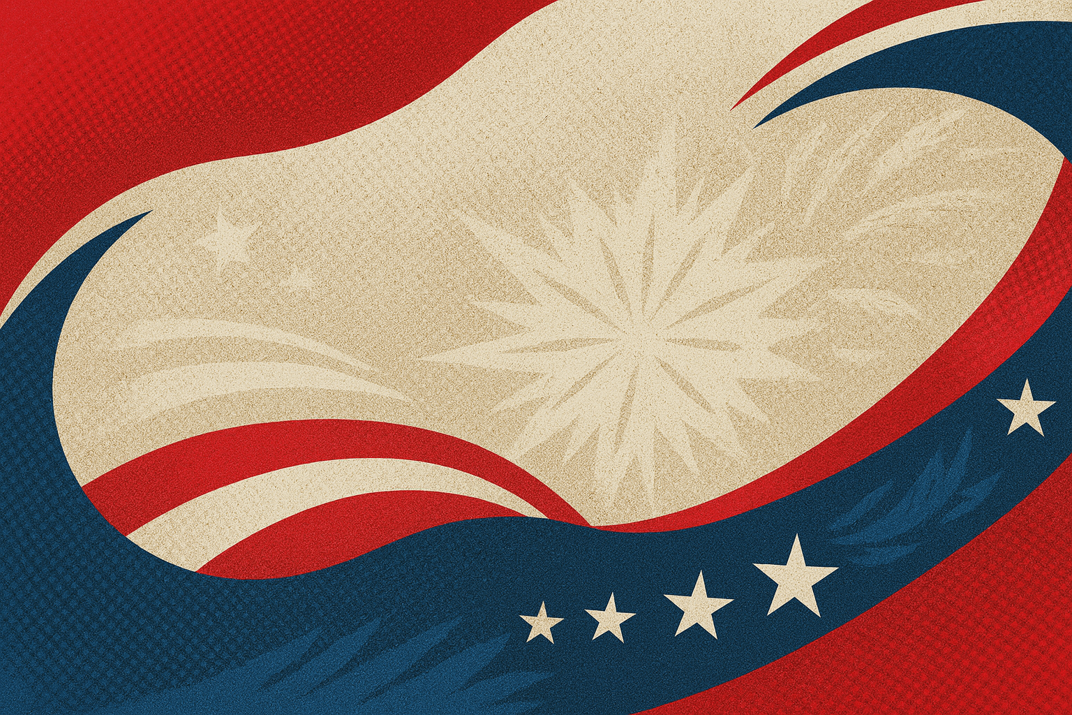 Design with wavy red, white, and blue pattern and stars on a textured background