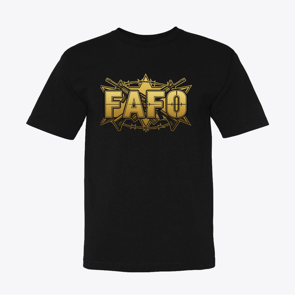 FAFO Tactical Gold Tee – Patriotic Crosshair & Rifle Graphic Shirt - Made in USA - My Maga Swag