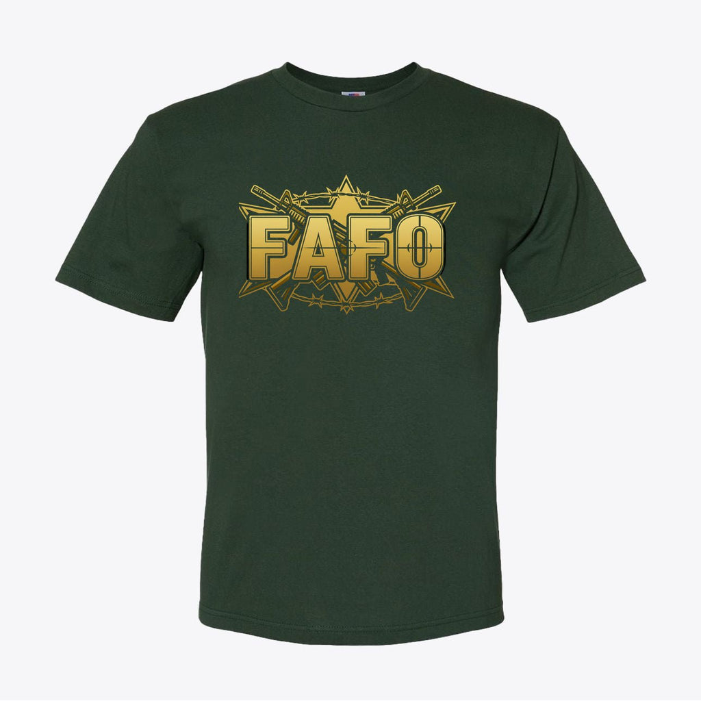 FAFO Tactical Gold Tee – Patriotic Crosshair & Rifle Graphic Shirt - Made in USA - My Maga Swag