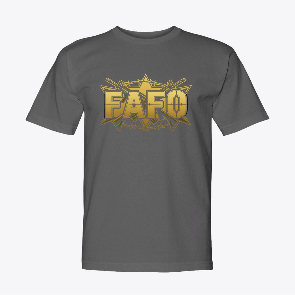 FAFO Tactical Gold Tee – Patriotic Crosshair & Rifle Graphic Shirt - Made in USA - My Maga Swag