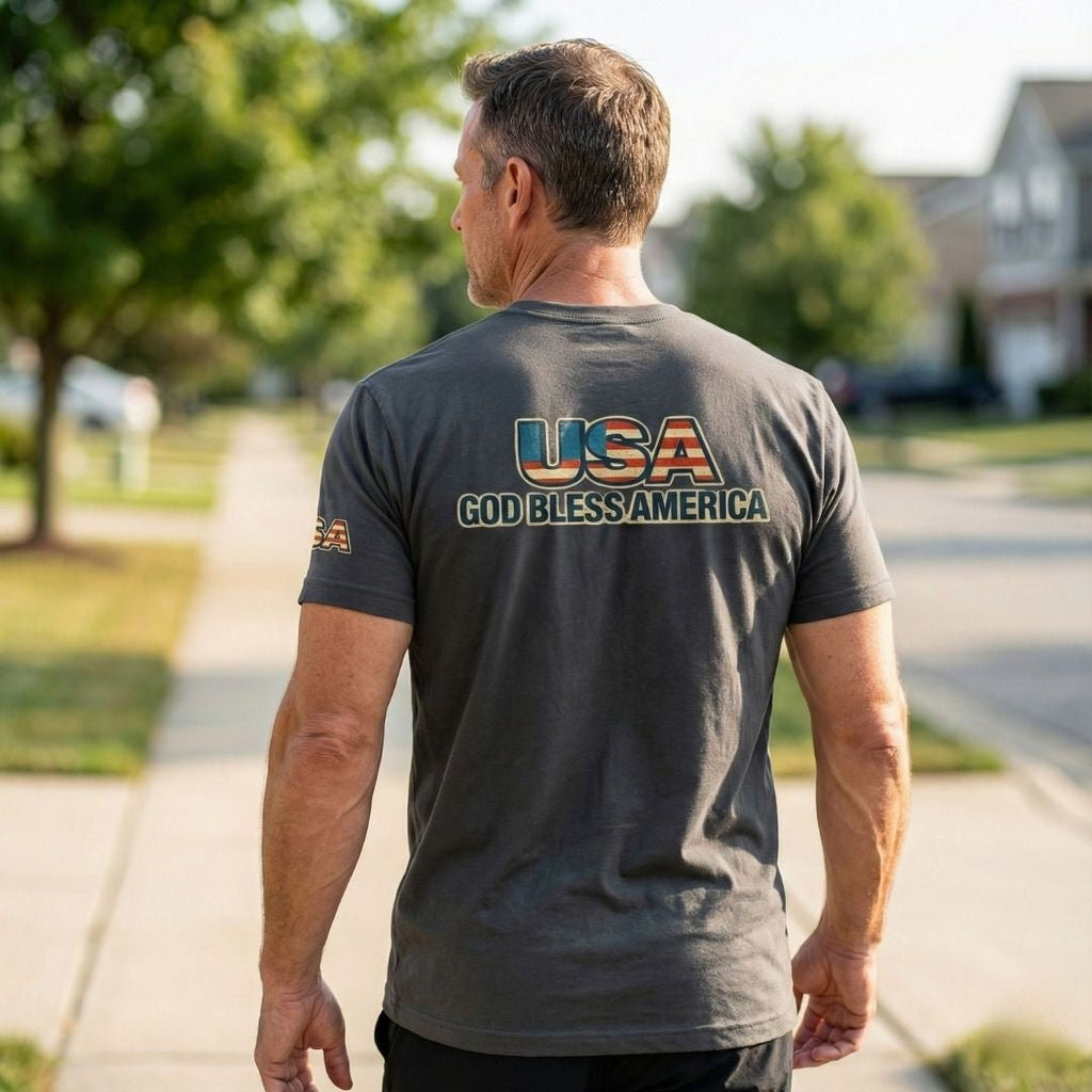 USA God Bless America Tee 100% American Made God Bless America Tee – Graphic Sleeve & Back – Union Sewn Unisex - My Maga Swag